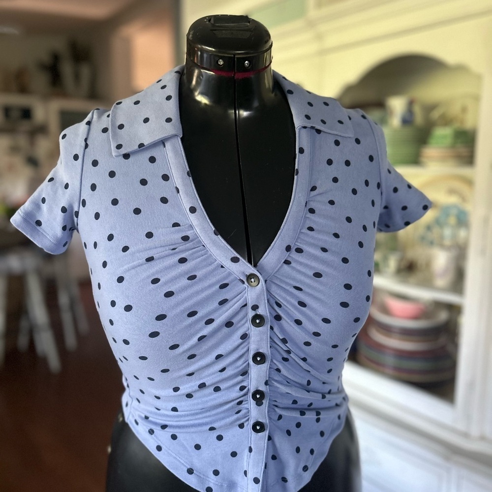 Anthropologie Maeve Blue Polka Dot Button-Down Shirt